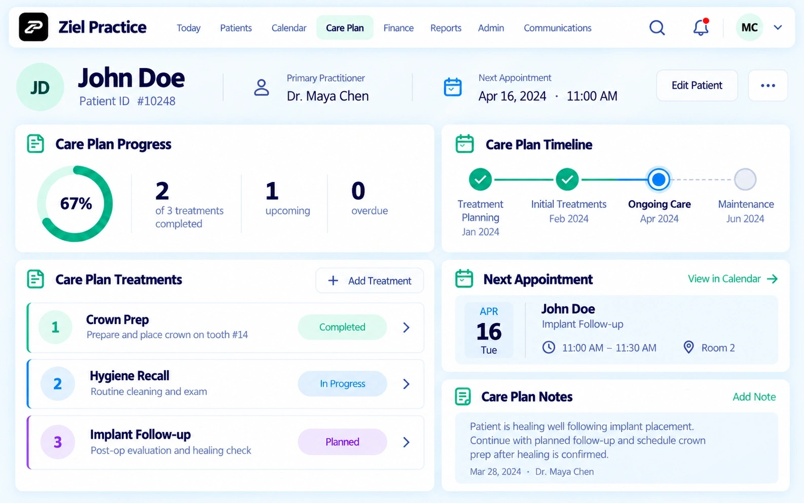 Ziel Practice Care Plan product view
