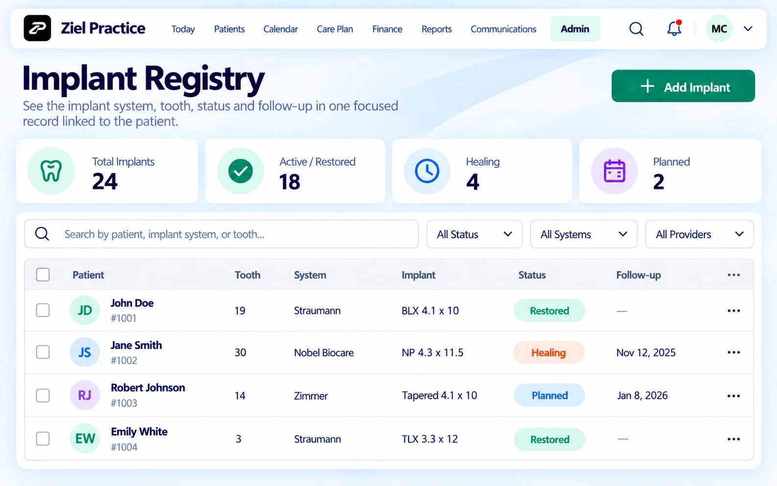 Ziel Practice Implant Registry product view