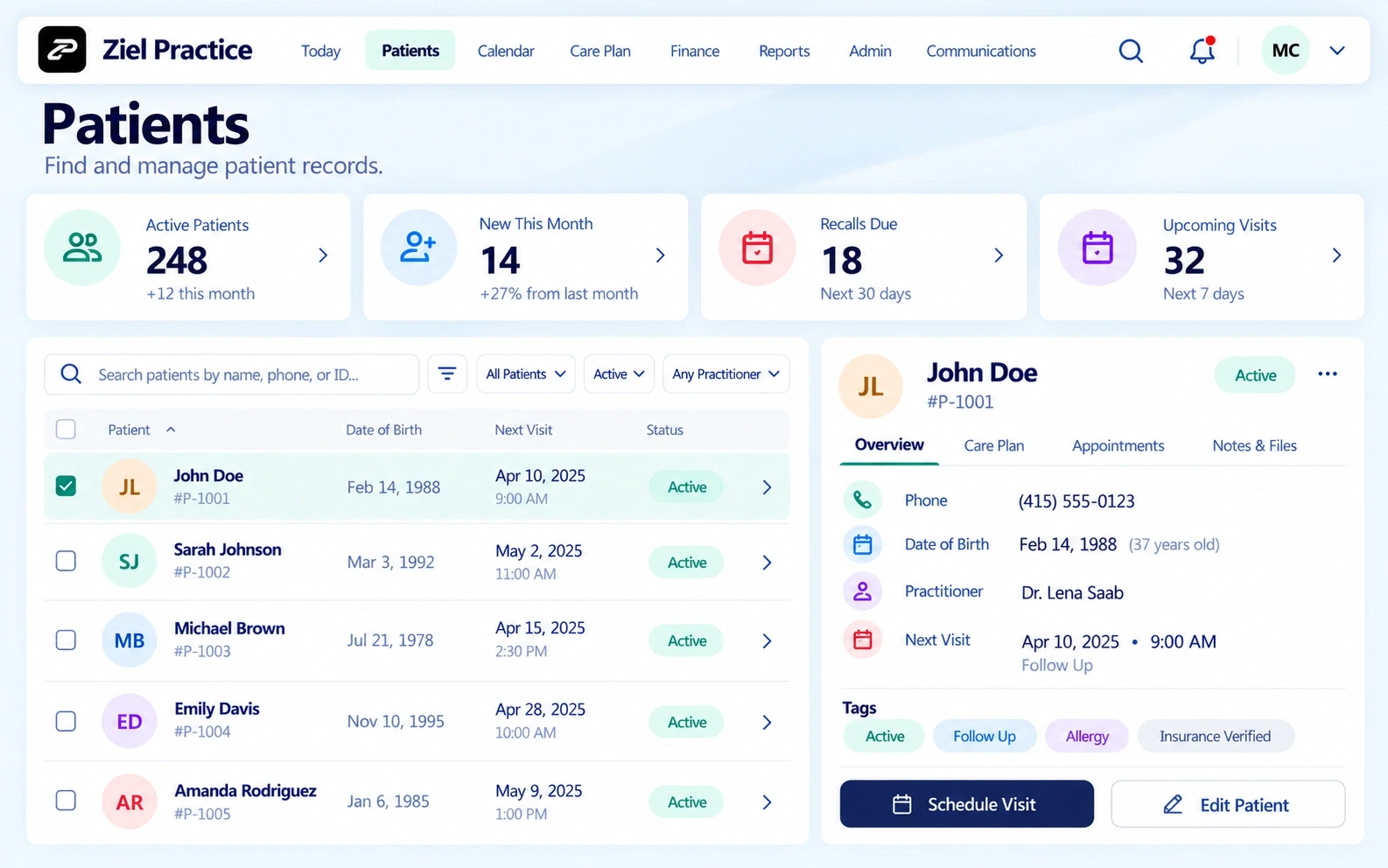 Ziel Practice Patients product view