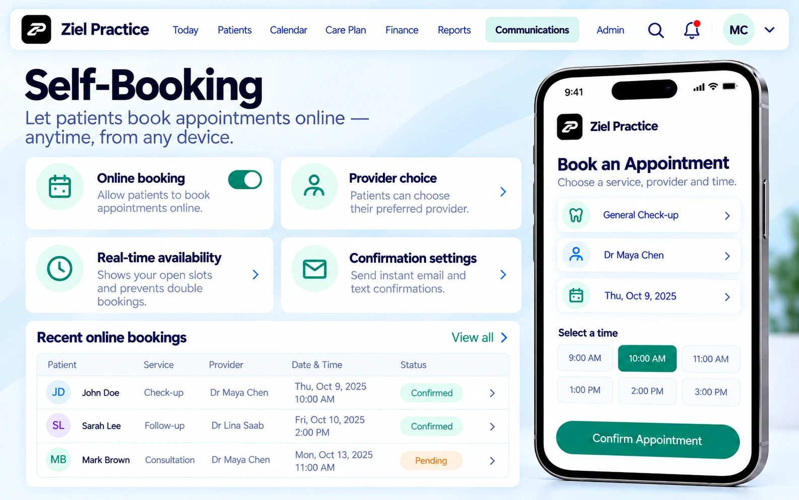 Ziel Practice Self-booking product view